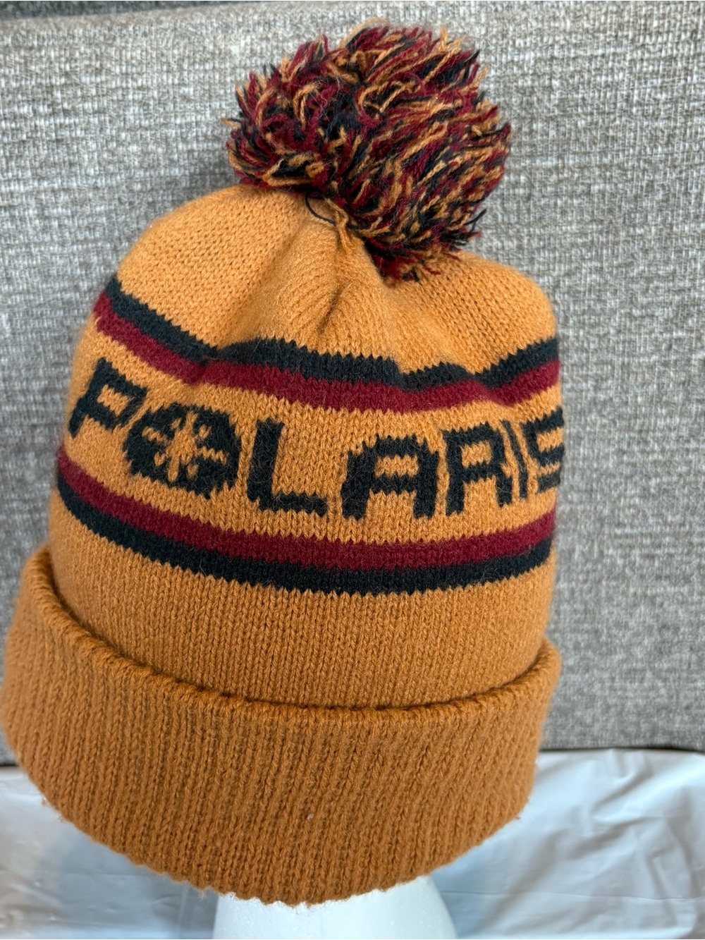 Vtg Polaris Snowmobile Beanie Adult One Size Brown Blue Maroon Pom-Pom Winter